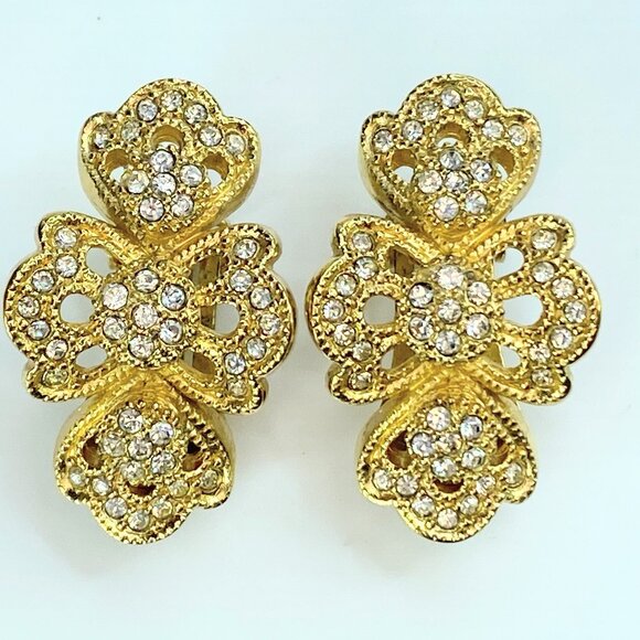 Christian Dior Earrings Gold Pave Crystal Rhinestone hoop Clip On earrings GS103 - Picture 1 of 9